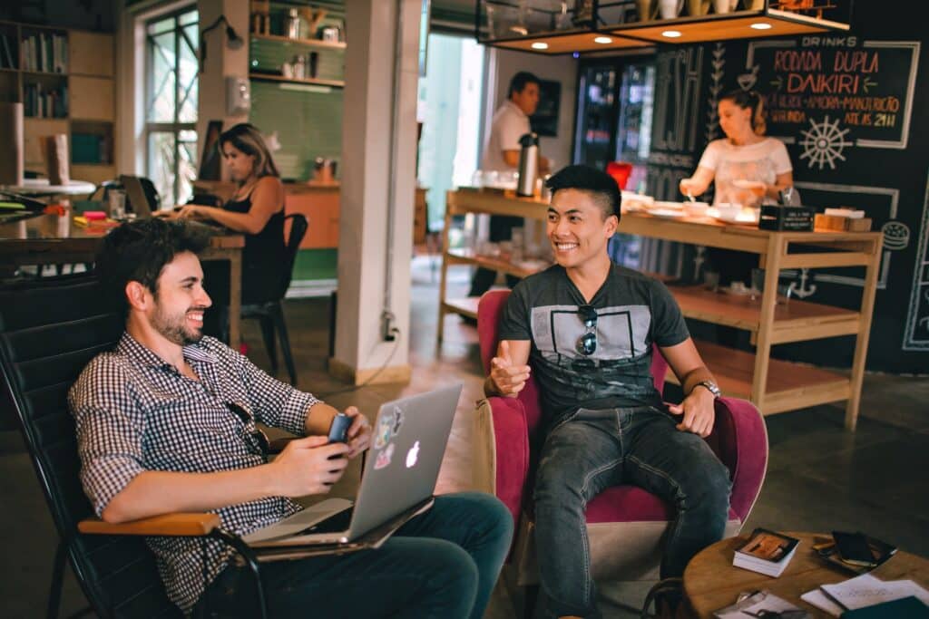 Coworkers chatting work-life balance