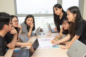 A team planning in a rented meeting room