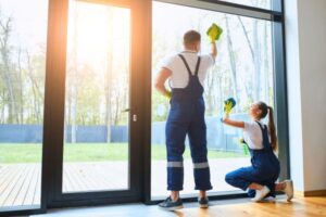 Men and women cleaning glass window