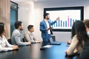 A man in a suit presenting a bar chart to colleagues in a modern meeting room.