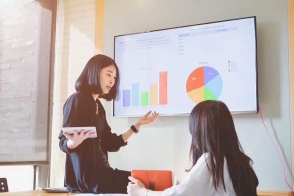 Two women collaborating in a meeting room, with a large screen showing presentation content.