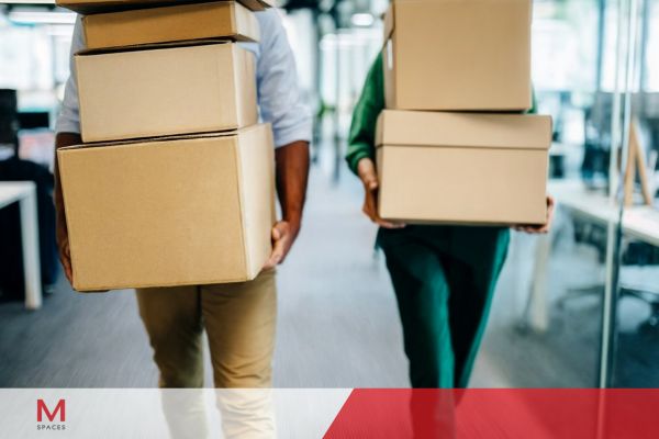Two office workers carrying boxes, reflecting a scene of relocation or setup in a professional space.