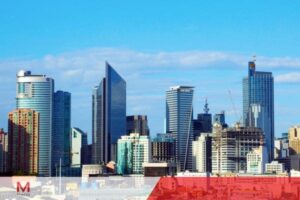 Modern city skyline with high-rise office buildings