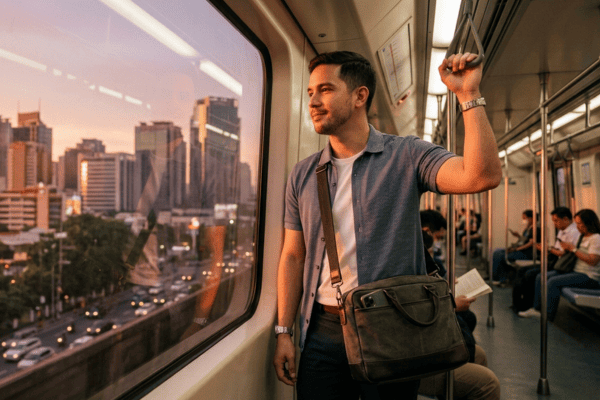 Young professional commuting on a city train with laptop bag during evening rush hour.