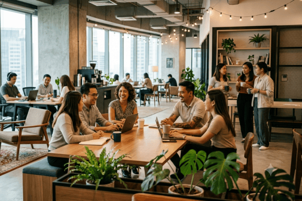 Diverse professionals collaborating in a modern coworking space with open workspace, laptops, and casual meeting area.