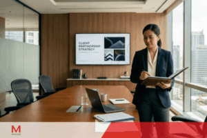 Business executive reviewing notes in a modern conference room with client partnership strategy presentation on screen.
