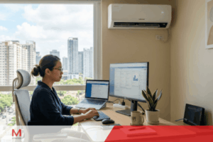 Businesswoman working at a modern private office workspace with dual monitors, natural light, and city skyline view.