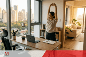 Professional stretching beside a bright home office workspace with laptop, ergonomic desk, and city view.