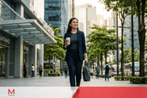 Businesswoman walking through a modern business district carrying coffee and work bag on her way to the office.