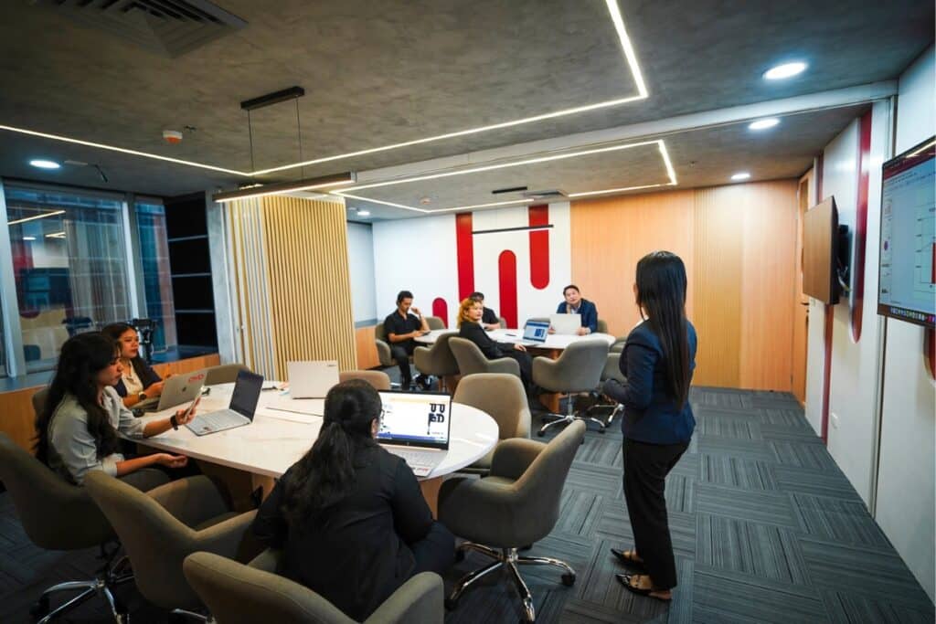 Team meeting in a modern M Spaces coworking space